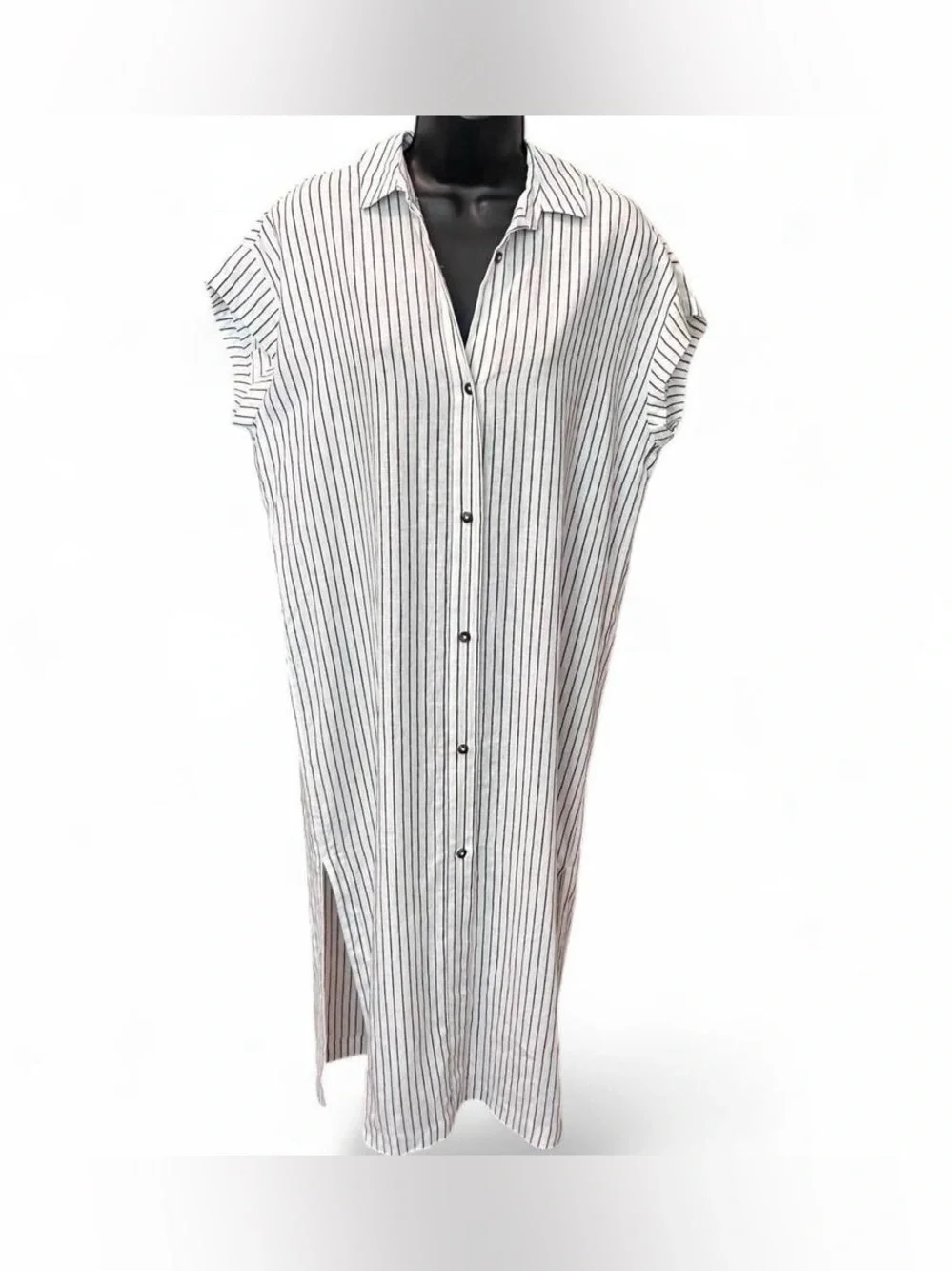 NWT Calia Black & White‎ Striped Button Down Linen Cover-Up Dress MEDIUM